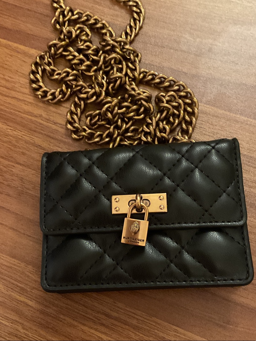 Kurt Geiger Black Quilted Mini Crossbody with Gold Hardware wallet on chain
